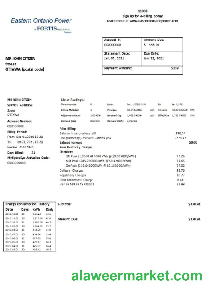 Canada Eastern Ontario Power utility bill